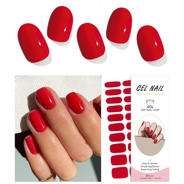 AutyaMee Semi Cured Gel Nail Strips (Big Red)-20 PCS Valentines Day Gel Nail Stickers | UV Light required | Gel Nail Wraps, Salon Quality & Easy To Use