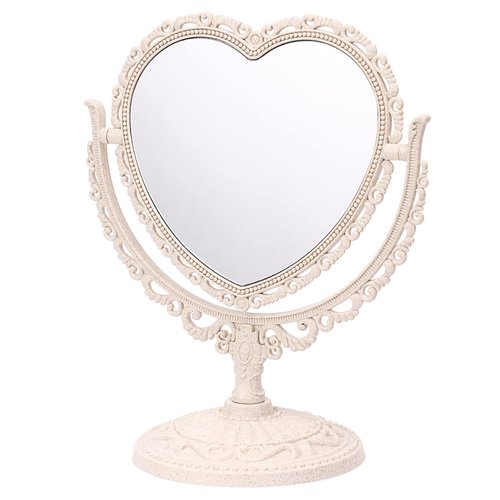 FRCOLOR Heart Shaped Makeup Mirror Tabletop Vanity Mirror Double Sided Magnifying Makeup Mirror with 360 Degree Rotation Vintage Bedroom Vanity Mirror (Heart Shape, Beige)