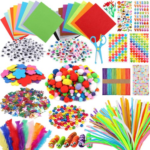 DOITEM Pipe Cleaners Craft Supplies, 1000+Pcs Arts and Crafts Supplies Including Pipe Cleaner Wiggle Googly Eyes Pom Poms Feathers Sticks Sequins Foam Flowers Papers Felt Stickers