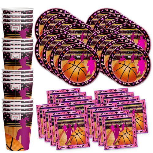Pink Basketball Girl Birthday Party Supplies Set Plates Napkins Cups Tableware Kit for 16