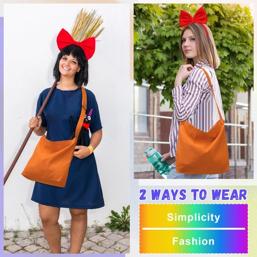 Retrowavy 2 Pcs Anime Cosplay Witch Costume Accessories Red Bow Headband and Orange Canvas Shoulder Tote Bag Set for Women Halloween Party
