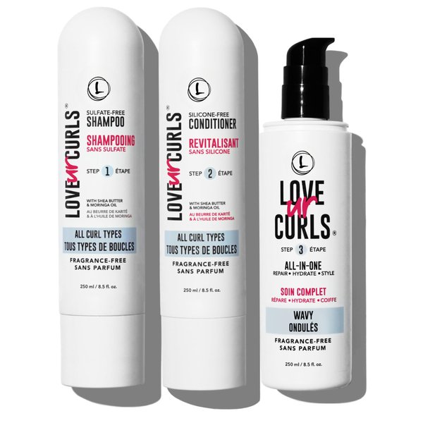 Love Ur Curls Fragrance Free Curly Shampoo and Conditioner Set with All in One Curl Cream Styler for Wavy Hair, 3 Step System to Repair, 200 mL