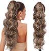 Ponytail Extension, 26 Inch Claw Clip In Ponytail Hair Extensions for Women Long Curly Wavy Ponytail Pony Tail Hair Extension Natural Wavy Hair piece for Women Chocolate Brown with Highlights