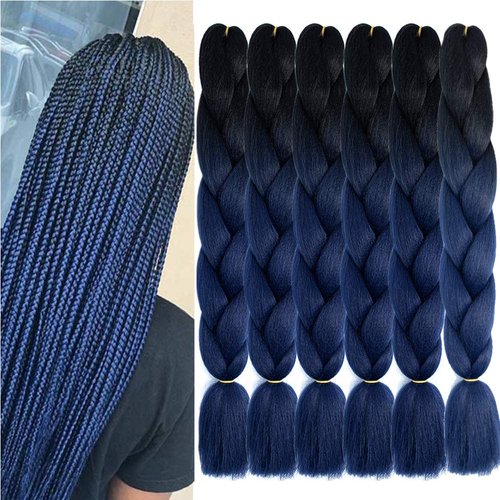 SHUOHAN 6 Packs Ombre Jumbo Braiding Hair Extensions 24 Inch High Temperature Synthetic Fiber Hair Extensions for Box Braids Braiding Hair (Black to Dark Blue)