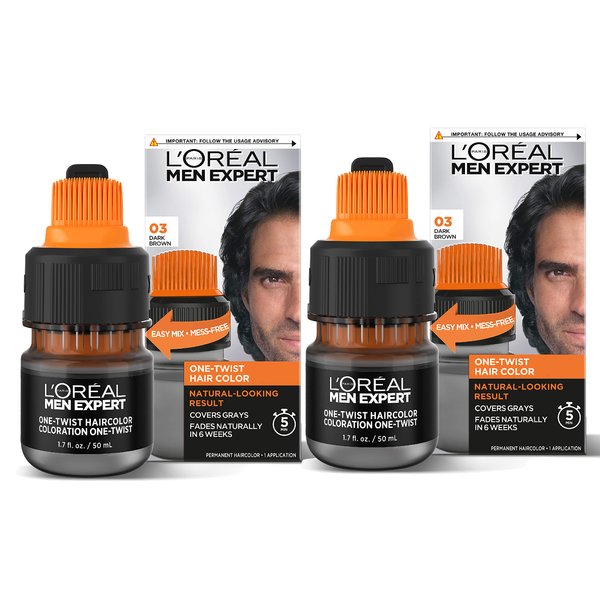 L’Oreal Paris Men Expert One Twist Mess Free Permanent Hair Color, Mens Hair Dye to Cover Grays, Easy Mix Ammonia Free Application, Dark Brown 03, 2 Application Kit