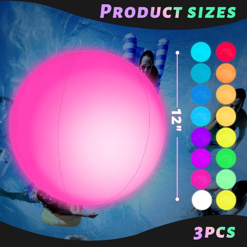 AMOR PRESENT 3PCS Light Up Beach Balls, 12" Glow Pool Balls LED Beach Ball with Remote Control Inflatable Beach Toy for Kids Summer Parties Pool Decorations