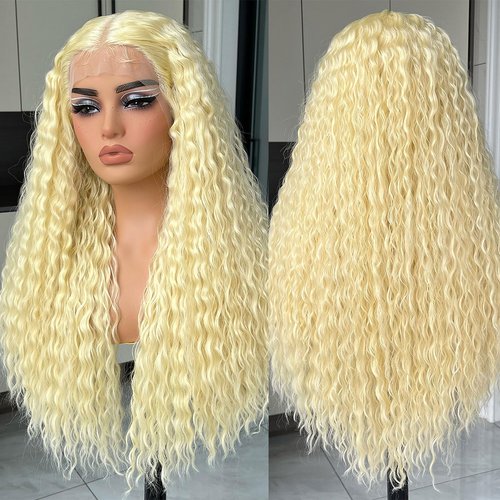 CURLCRAZY Blonde Long Curly Lace Front Wigs for Black Women HD Lace Wig Long Deep Wave Synthetic Lace Front Wig with Baby Hair Pre-plucked Hairline Hair Natural Looking Crimps Curls (26" Blonde)