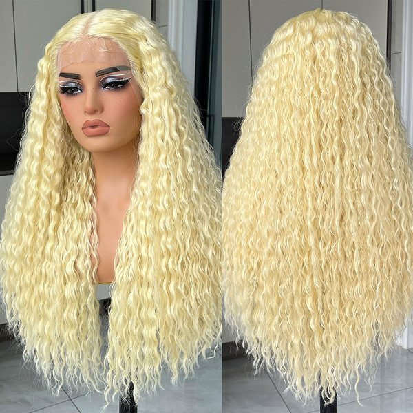 CURLCRAZY Blonde Long Curly Lace Front Wigs for Black Women HD Lace Wig Long Deep Wave Synthetic Lace Front Wig with Baby Hair Pre-plucked Hairline Hair Natural Looking Crimps Curls (26" Blonde)