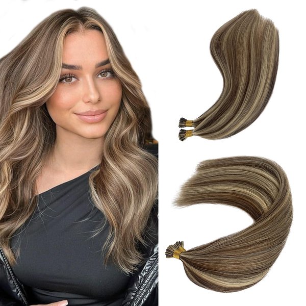 Hair Extensions Real Human Hair I Tip Extensions Bleach Blonde Highlighted Medium Brown Human Hair Extensions for Women 24 Inch Long Straight Brown and Blonde I Tips 50s 50g