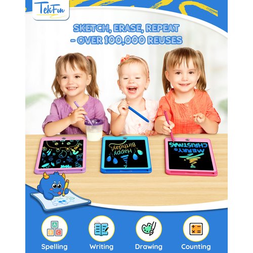 TEKFUN 3 Pack LCD Writing Tablet for Kids, 8.5 Inch Blue+Pink+Purple Doodle Board Drawing Board Reusable Drawing Tablet with Lanyard, Educational Kids