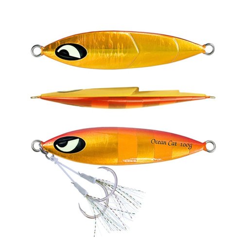 OCEAN CAT 1 PC Slow Fall Pitch Fishing Lures Sinking Lead Metal Flat Jigs Jigging Baits with Hook for Saltwater Fishing (150g, Red&Gold)