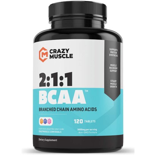 Crazy Muscle BCAA Pills with The Perfect 2:1:1 Ratio of Branched Chain Amino Acids Supplement - 1000mg of BCAAs per Pill (Better Than Capsules) by Crazy Muscle - 120 Tablets