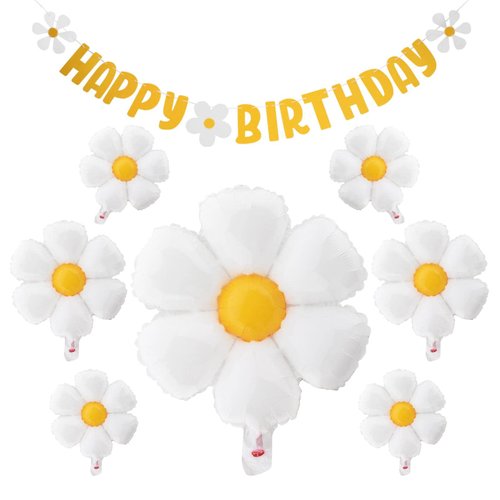 10pcs set Daisy Balloons, Shower Decoration Banners,Happy Birthday Decorations Felt Bunting for Girls Boys Birthday Party Supplies(Yellow+White)