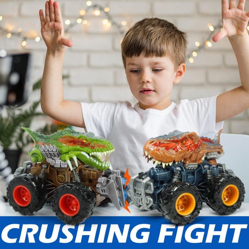 Oriate T-rex Dinosaur Toy Cars for Kids 3-8, Friction Powered Monster Truck with Mechanical Motor, Push n Go Car Stunt Play Party 209-R3