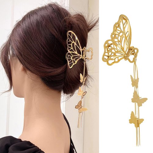 Butterfly Hair Claw Clips - 1 Pack Metal Gold Hair Clips with Butterfly Tassel Elegant Design Hollow No Slips Hair Clamp Clips for Thin or Thick Hair Butterfly Hair Accessories for Women Hair Styling
