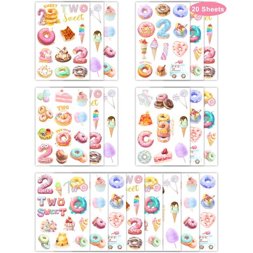 Two Sweet Birthday Party Supplies Temporary Tattoos - 228Pcs Pastel Donut Dessert Ice Cream Tattoos Stickers for Kids - Two Sweet Party Favors for 2 Year Old Birthday Decorations Girl