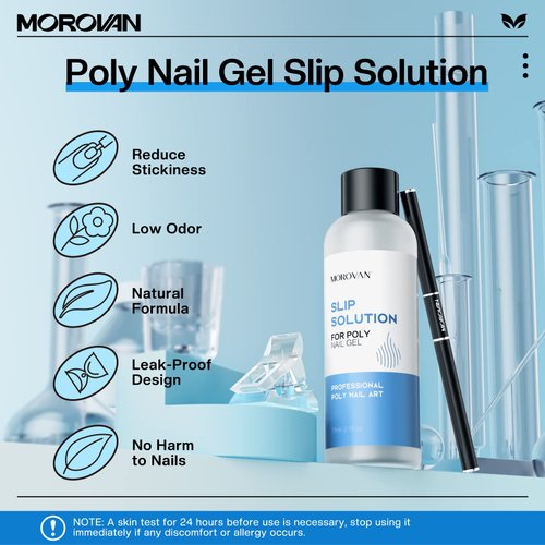 Morovan Nail Slip Solution - 2.5oz Anti-Stick Gel Liquid for Poly Gel Nails with Dual-Ended Brush - For Beginners