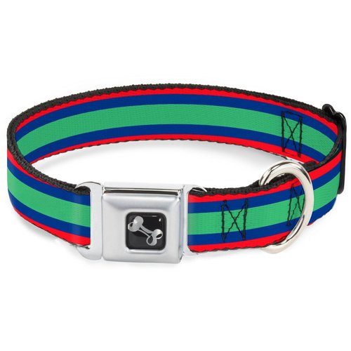 Dog Collar Seatbelt Buckle Stripes Red Blue Green 18 to 32 Inches 1.5 Inch Wide