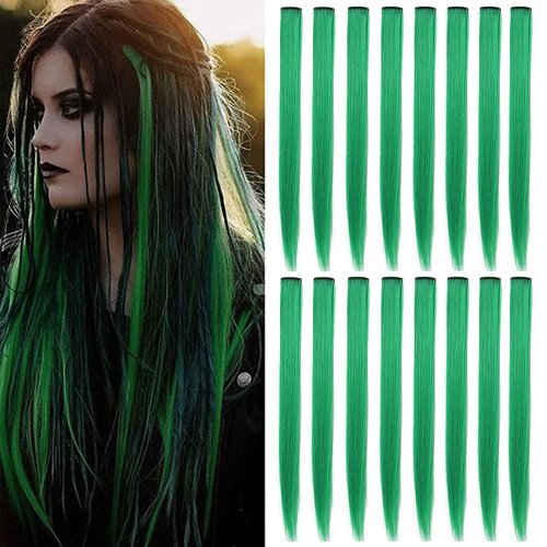 LVSHANGMAO 16Pcs Colored Hair Extensions 20 inch Heat-Resistant Straight Highlight Hair Clip in Hairpieces Halloween Hair Accessories Gift for Girls (Green)