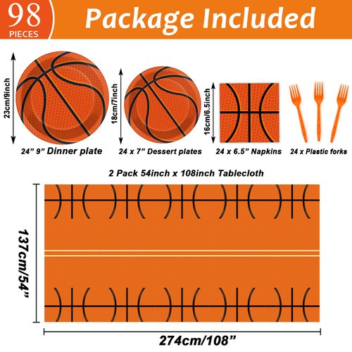 98 Pieces Basketball Party Decorations Basketball Tableware Set Plates Napkins Tablecloth Party Supplies Kit for Kids Boys Sports Table Cover Dinnerware Party Favors 24 Guests