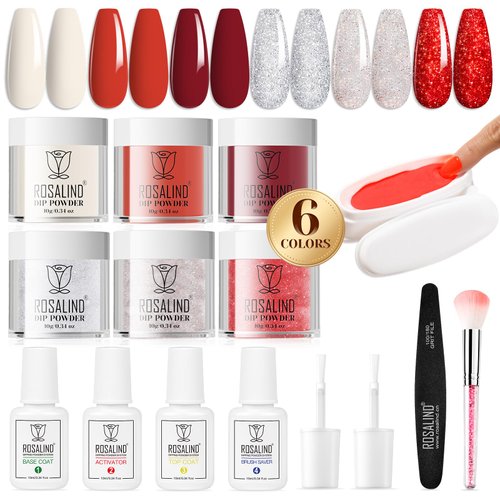 ROSALIND 13PCS Dip Nails Powder Starter Kit, 6 Colors Dip Powder Nail Kit White Red Glitter Serie...