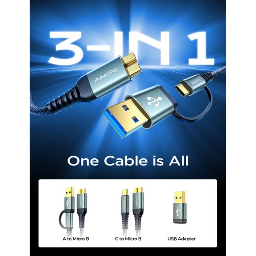 AINOPE Hard Drive Cable, Sturdy Nylon Braided External Hard Drive Cable 10Gbps Micro B to USB A/C Compatible with Seagate WD Toshiba Westgate, MacBook Air M2 Pro, Camera, 1.5FT