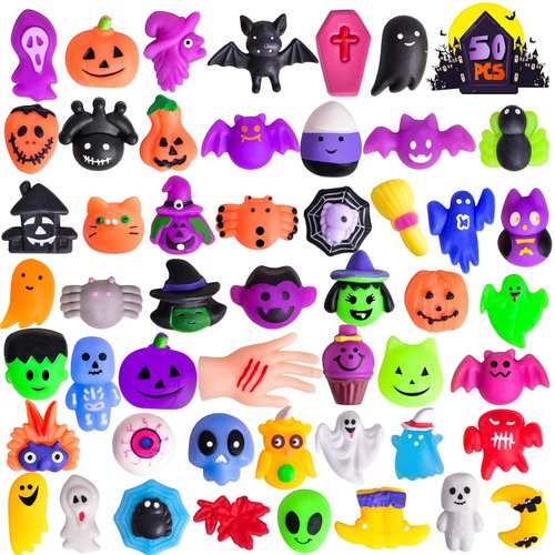 FUN LITTLE TOYS 50PCS Halloween Squishy Toys for Kids Halloween Party Favors Halloween Mochi Squishy Toys, Stress Reliever Anxiety Packs for Kid Small Squishy Toys for Halloween Treat Bags