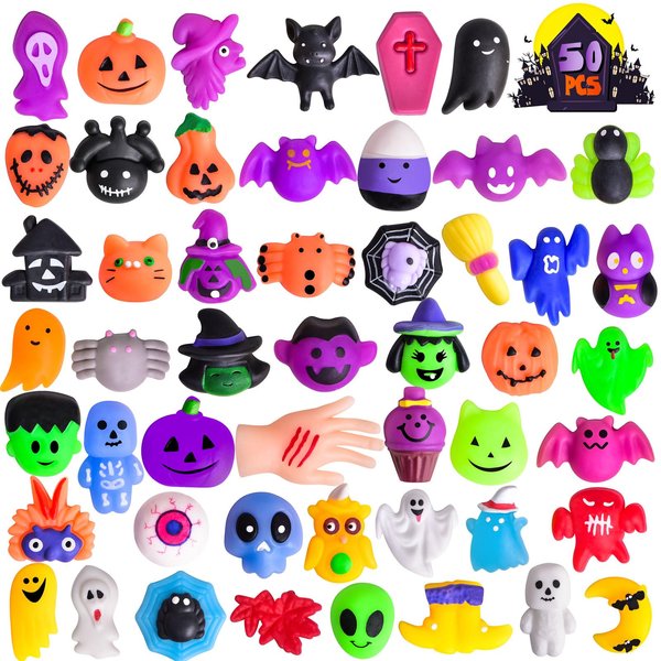 FUN LITTLE TOYS 50PCS Halloween Squishy Toys for Kids Halloween Party Favors Halloween Mochi Squishy Toys, Stress Reliever Anxiety Packs for Kid Small Squishy Toys for Halloween Treat Bags