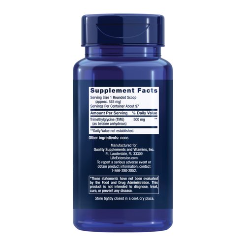 Life Extension TMG Powder 500 mg - Betaine Anhydrous Trimethylglycine Supplement For Healthy Homocysteine Levels and Heart Health Support - Non-GMO, Vegetarian, Gluten-Free - 50 g