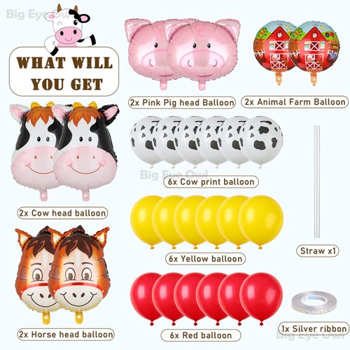 Farm Animal Balloons Set Pig Cow Horse Donkey Head Shaped Mylar Foil Cow Print Latex Balloon for Barnyard Farm Theme Birthday Party Supplies Decorations