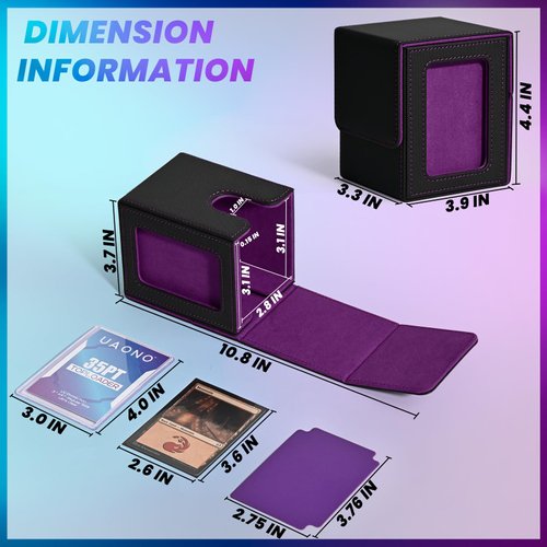 UAONO Card Deck Box with MTG Commander Display, Patented Design Card Deck Case Holds 100+ Double-Sleeved Cards, PU Leather Cards Storage Box For TCG with 2 Dividers, 1 Toploader (Black&Purple)