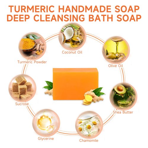3 PCS Turmeric Soap Bar, Organic Turmeric Bar Soap for Face & Body Cleansing, Handmade Body Bath Soap Deeply Cleanse Body Smooth Skin Moisturizing Soothing, For All Skin Types, Men and Women