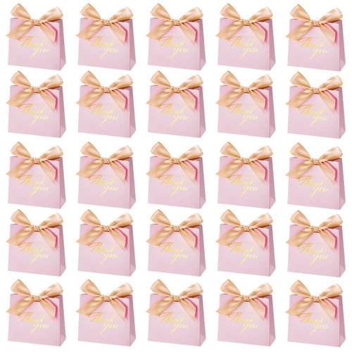 80 Pack Small Thank You Gift Bags Boxes Mini Pink Party Favor Gift Bags with Bow Ribbon Treat Boxes Mini Paper Bags for Wedding Baby Shower Party Bridesmaid Celebration (Gold Ribbon, Classic Style)