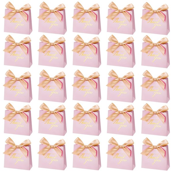 80 Pack Small Thank You Gift Bags Boxes Mini Pink Party Favor Gift Bags with Bow Ribbon Treat Boxes Mini Paper Bags for Wedding Baby Shower Party Bridesmaid Celebration (Gold Ribbon, Classic Style)