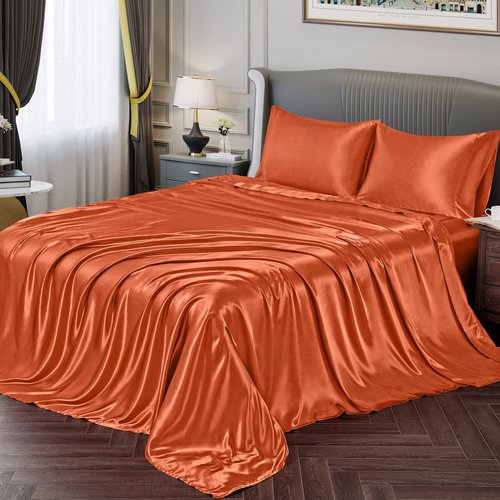 Vonty Satin Sheets Twin Silky Soft Satin Bed Sheets Burnt Orange Satin Sheet Set, 1 Deep Pocket Fitted Sheet + 1 Flat Sheet + 1 Pillowcases