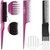 3 Pieces Pick Teasing Combs Hair Brush Set Includes Black Carbon Lift Teasing Combs with Metal Prong, Triple Pin Rat Tail Comb, Nylon Bristle Hair Comb Brush for Women (Black, Rose Red)