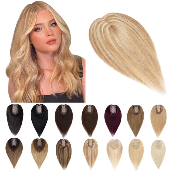 SEGO Human Hair Toppers for Women With Thinning Hair 7 * 13CM Silk Base 100% Real Human Hair Clip in Top Wiglet Hair Pieces -12 Inch No Bangs Golden Brown&Bleach Blonde