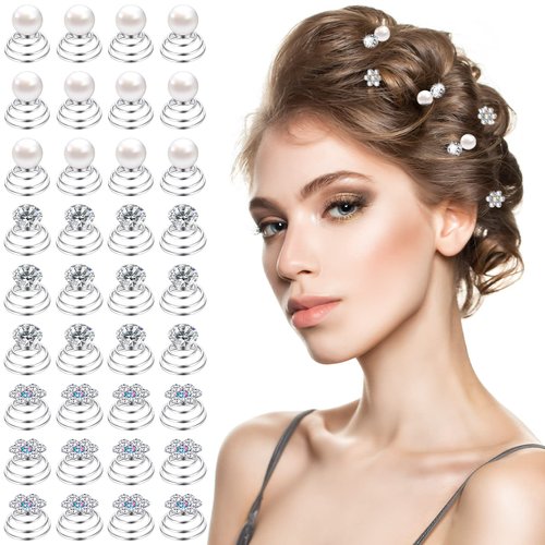 36 Pieces Spiral Hair Pins Gems for Hair Rhinestone Pearl Hair Pin for Wedding Crystal Twister with Silver Coil Hair Jewelry Clip for Wedding Bridal Prom Party
