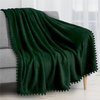 PAVILIA Emerald Green Throw Blanket Pom Pom Couch, Twin Size, Soft Fleece Cozy Pompom Fringe Sofa Blanket, Decorative Home Gift Flannel Velvet Bed Throw, Dark Green, 60x80