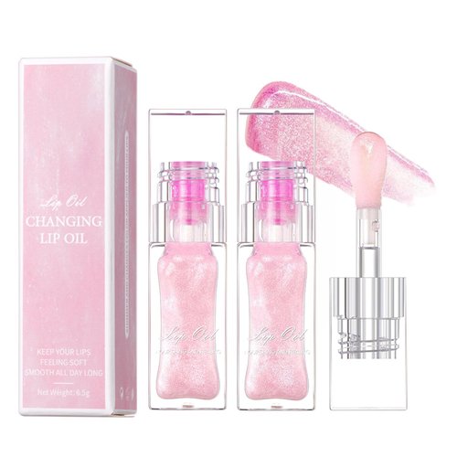 TIRDET 2PCS Magic Color Changing Lip Oil, Lip Oil Color Changing, Big Brush Color Changing Lip Oil, Color Changing Lip Gloss, Lip Changing Oil Long Lasting Shimmery, Warm Change Hydrating Lip Gloss