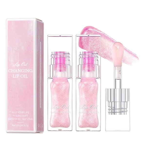TIRDET 2PCS Magic Color Changing Lip Oil, Lip Oil Color Changing, Big Brush Color Changing Lip Oil, Color Changing Lip Gloss, Lip Changing Oil Long Lasting Shimmery, Warm Change Hydrating Lip Gloss