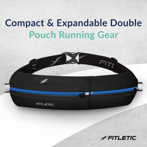 Fitletic Bolt Double Pocket Running Belt & Active Fanny Pack For Men & Women – Water Resistant, Lightweight Sleek Design – Patented No Bounce Hip Hugging Fit – Holds Any Phone