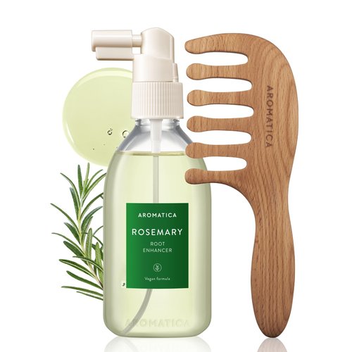 AROMATICA Rosemary Root Enhancer & Wooden Scalp Massager Set - Hair Scalp Massager with Rosemary Water Scalp Serum for Hair Growth