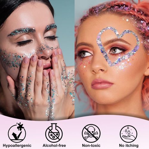 Drawdart Face & Body Glitter,Cosmetic-Grade Holographic Glitter Gel,50ml Silver Hair Glitter Gel,Rave Glitter,Mermaid Makeup Glitters for Women - Vegan & Cruelty Free