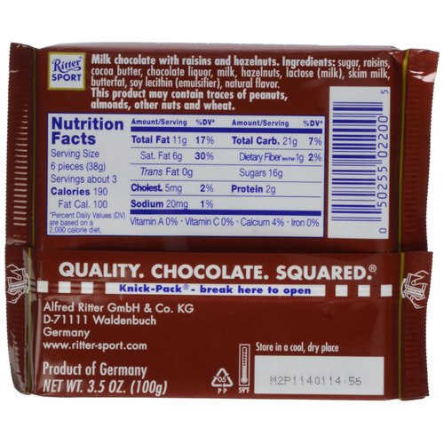Ritter Sport, Raisin & Hazelnut Chocolate Bar, 3.5 oz