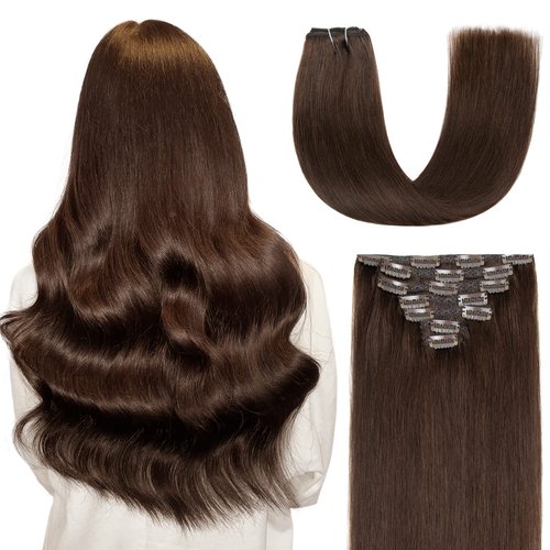AGMITY Clip in Human Hair Extensions Remy Human Hair 16 inches Darkest Brown 120 Gram 7 Pieces Seamless Double Weft Straight Real Hair Extensions Clip in Human Hair(16 inches #2 Darkest Brown)