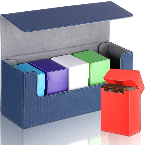 Silkfly 6 Pieces Deck Card Storage Box, 1 Leather Deck Case with 5 Plastic Decks Card Boxes Playing Deck Cards Box Compatible with MTG TCG Commander Card (Blue and Gray)