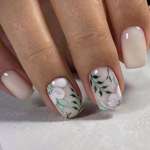 Short Press on Nails Green Leaf Square Shape Fake Nails Glossy Spring Flower Fresh Designs Acrylic Nails Cream White Solid Color False Nails White Flower Green Leave Glue on Nails for Women Girls