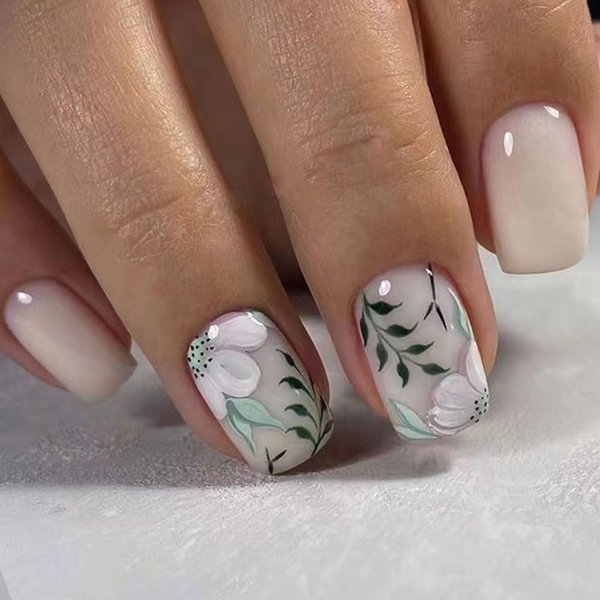 Short Press on Nails Green Leaf Square Shape Fake Nails Glossy Spring Flower Fresh Designs Acrylic Nails Cream White Solid Color False Nails White Flower Green Leave Glue on Nails for Women Girls