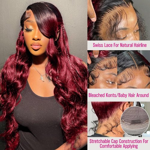 200 Density 13x6 Burgundy Lace Front Wigs Human Hair Pre Plucked 13x6 HD Transparent 1B/99J Lace Front Wigs Human Hair dark cherry Red Wig Human Hair for Women Glueless Wig 20Inch